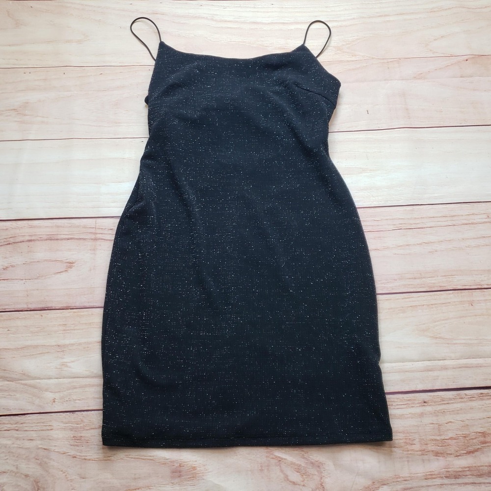 7DAY WKND‎ Dress Womens M Black Slip Bodycon Square Neck Glitter Party Cocktail